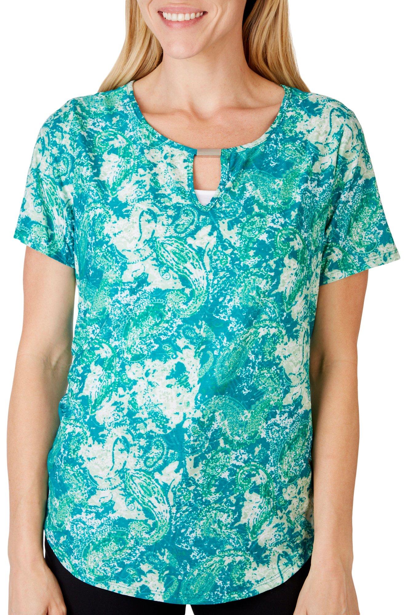 NY Collection Petite Paisley Bar Key Hole Short Sleeve Top