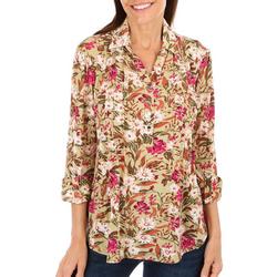 Petite Floral Pleated 3/4  Roll Sleeve Top