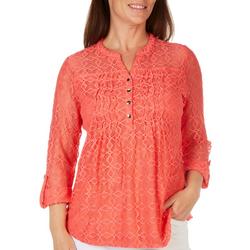 Petite Solid Lace Henley 3/4 Sleeve Top