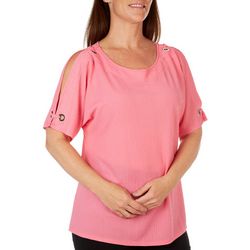 Coral Bay Petite Solid Waffle Knit Short Sleeve Grommet Top