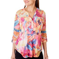 Peitie Floral Pattern Pleated Mesh Henley 3/4 Sleeve Top