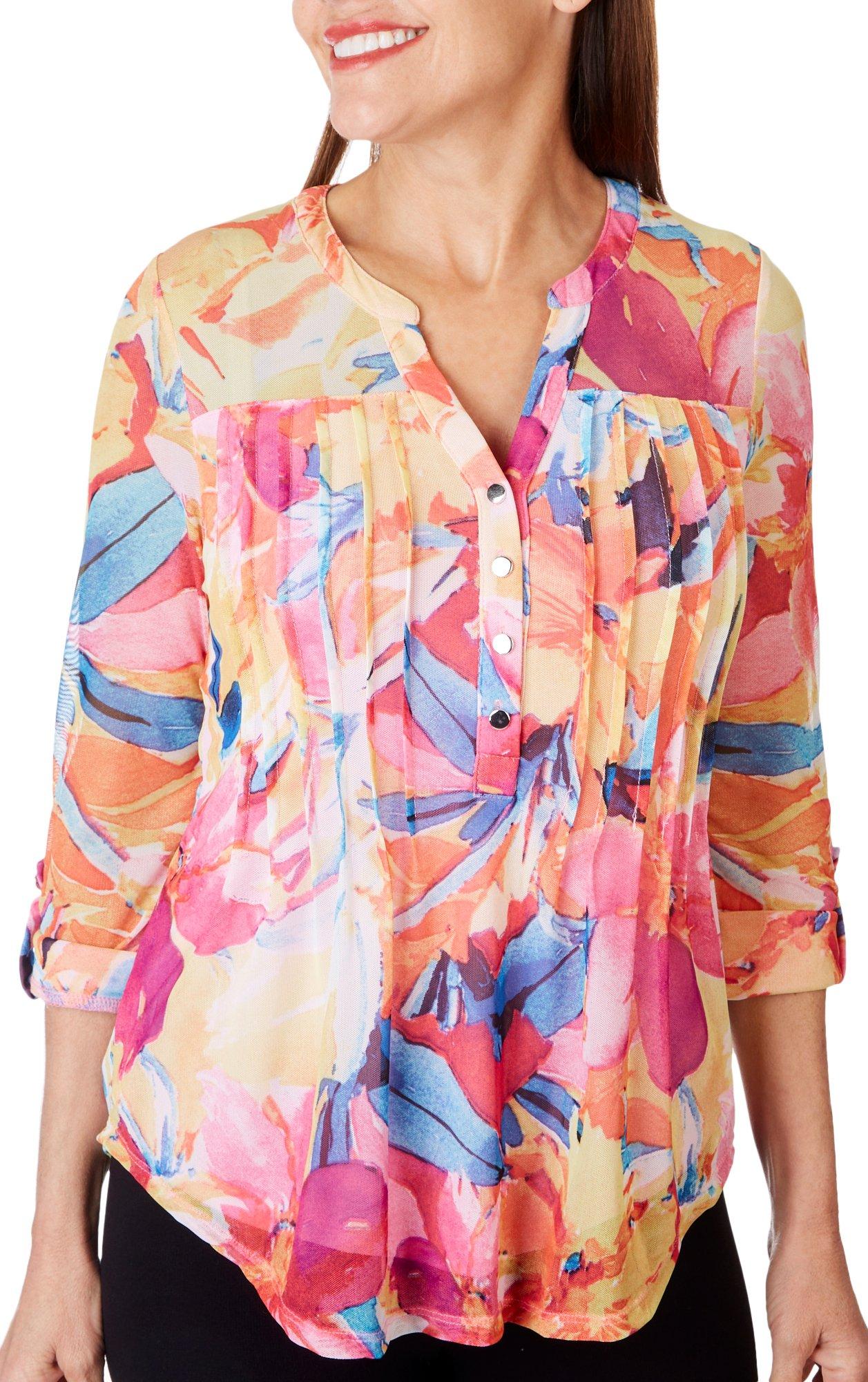 Peitie Floral Pattern Pleated Mesh Henley 3/4 Sleeve Top