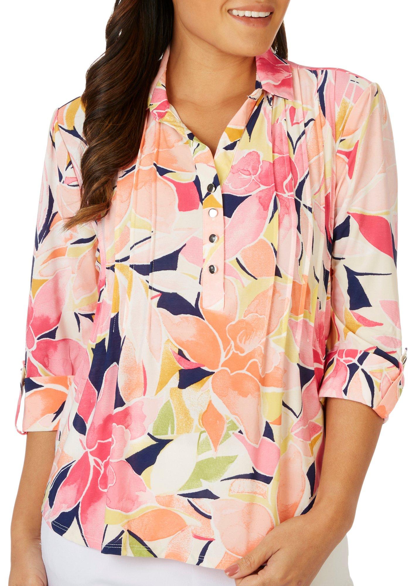 Petite Floral  Print Pleated Mesh Henley 3/4 Sleeve Top