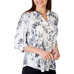 Petite Mysterious Floral Chest Pocket Pleat 3/4 Sleeve Top