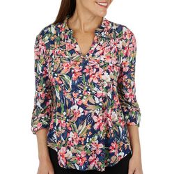 Petite Floral Garden Print Pleated 3/4 Sleeve Top