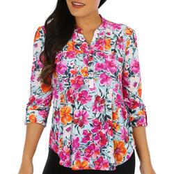 Petite Floral Pleated Henley 3/4 Sleeve Top