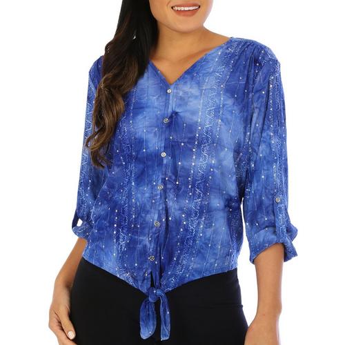 Petite 3/4 Roll Tab Embellished Button Down Top
