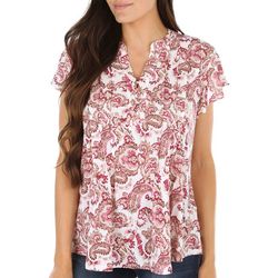 Petite Paisley Lace Up Short Sleeve Top