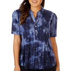 Petite Tie-Dye Embellished Pleated Button Short Sleeve Top