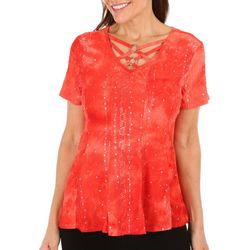 Petite Short Sleeve Embellished Double Ring Criss Cross Top