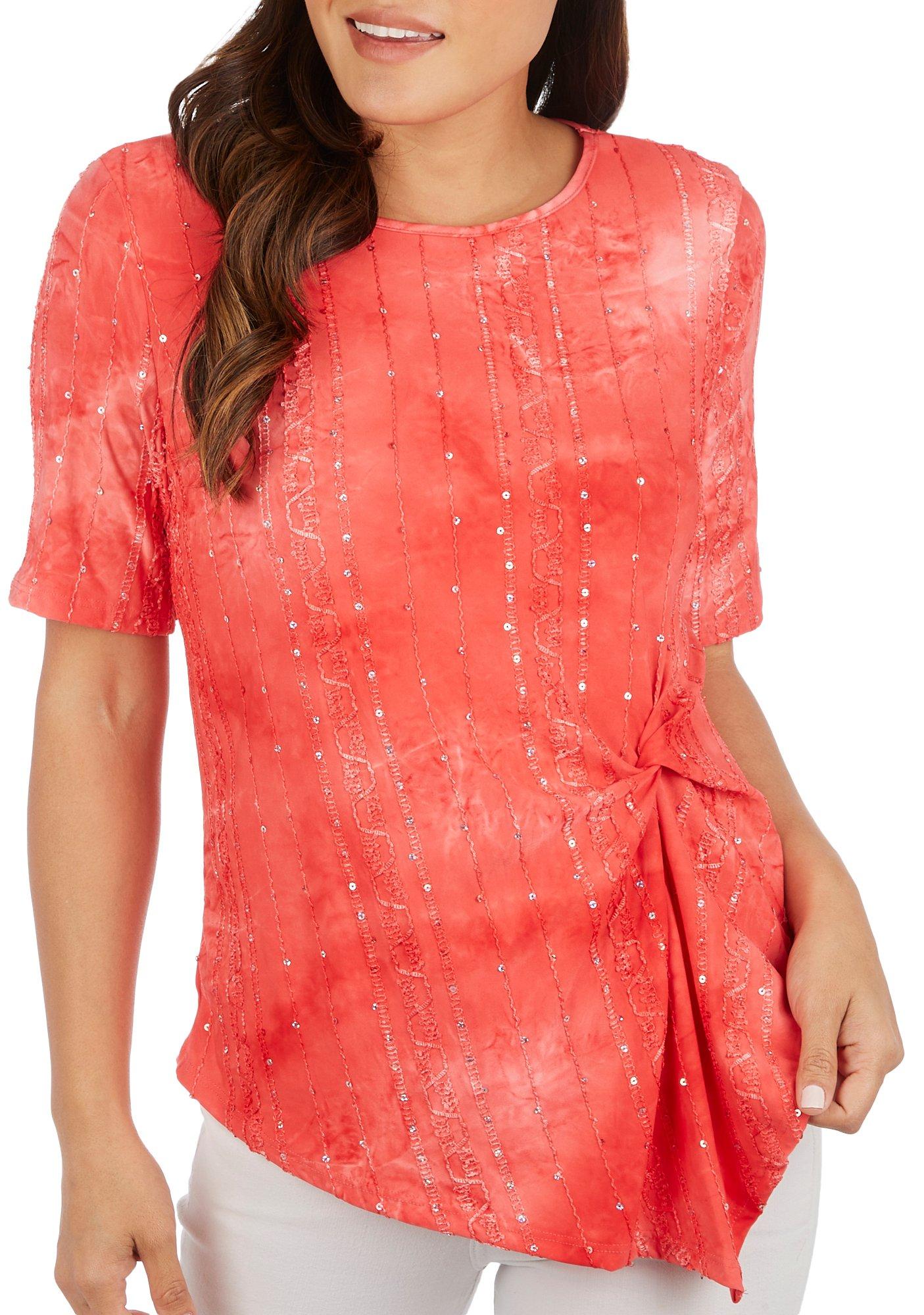 Coral Bay Petite Tie-Dye Embellished Twist Short Sleeve Top
