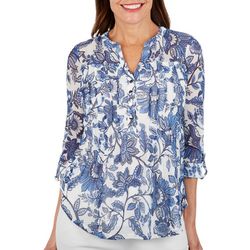 Petite Floral Paisley Pleated Mesh Henley 3/4 Sleeve Top