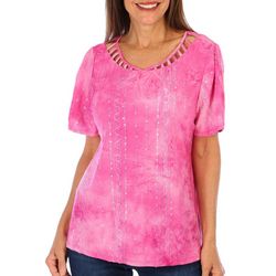 Coral Bay Petite Solid Embellished Cutout Short Sleeve Top
