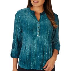 Petite Solid Embellished Pleated Button Gomez 3/4 Sleeve Top