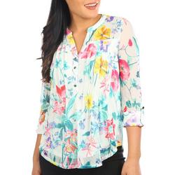 Petite Floral Pleated Henley 3/4 Sleeve Top