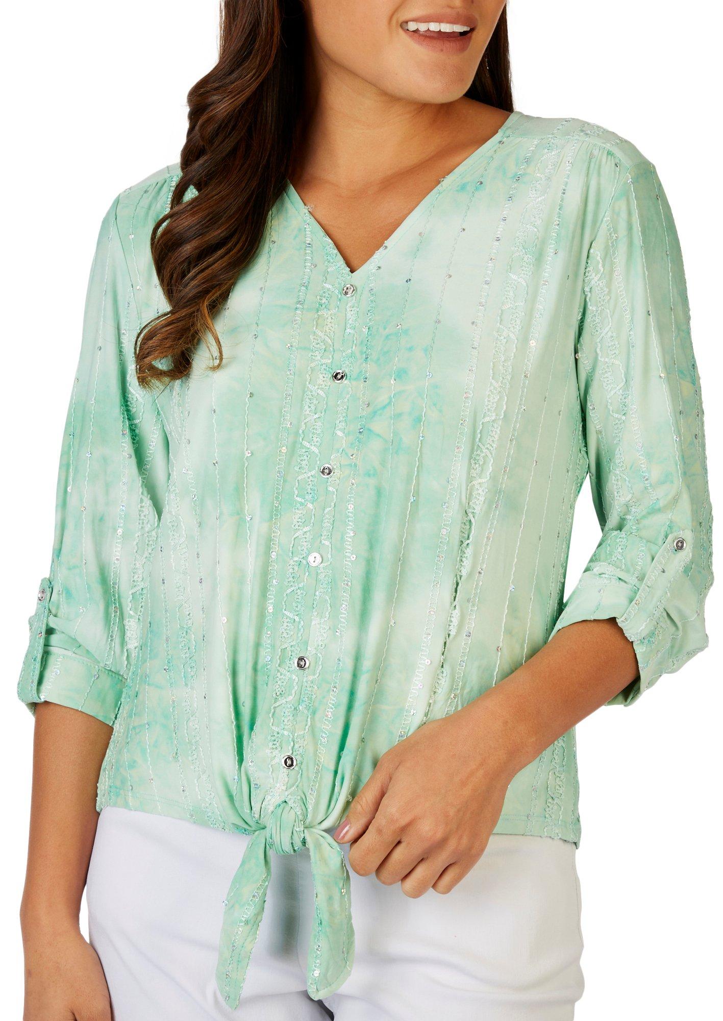 Petite Tie Hem Embellished Button Gomez 3/4 Sleeve Top