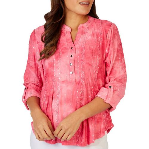 Petite Solid Embellished Pleated Button Gomez 3/4 Sleeve