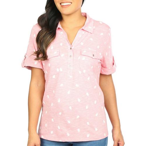 Coral Bay Petite Heathered Flower Short Sleeve Polo