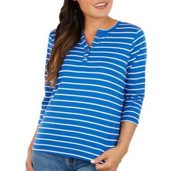 Coral Bay Petite Striped Henley 3/4 Sleeve Top