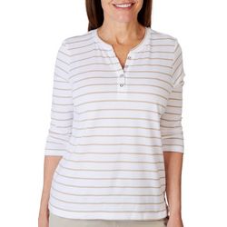 Coral Bay Petite 3/4 Sleeve Striped Henley Top