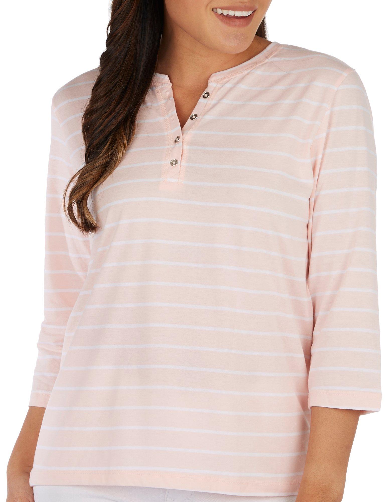 Coral Bay Petite 3/4 Sleeve Striped Henley Top