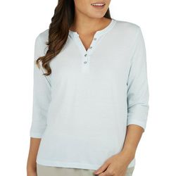 Coral Bay Petite Solid Henley 3/4 Sleeve Top