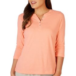 Coral Bay Petite Solid Henley 3/4 Sleeve Top