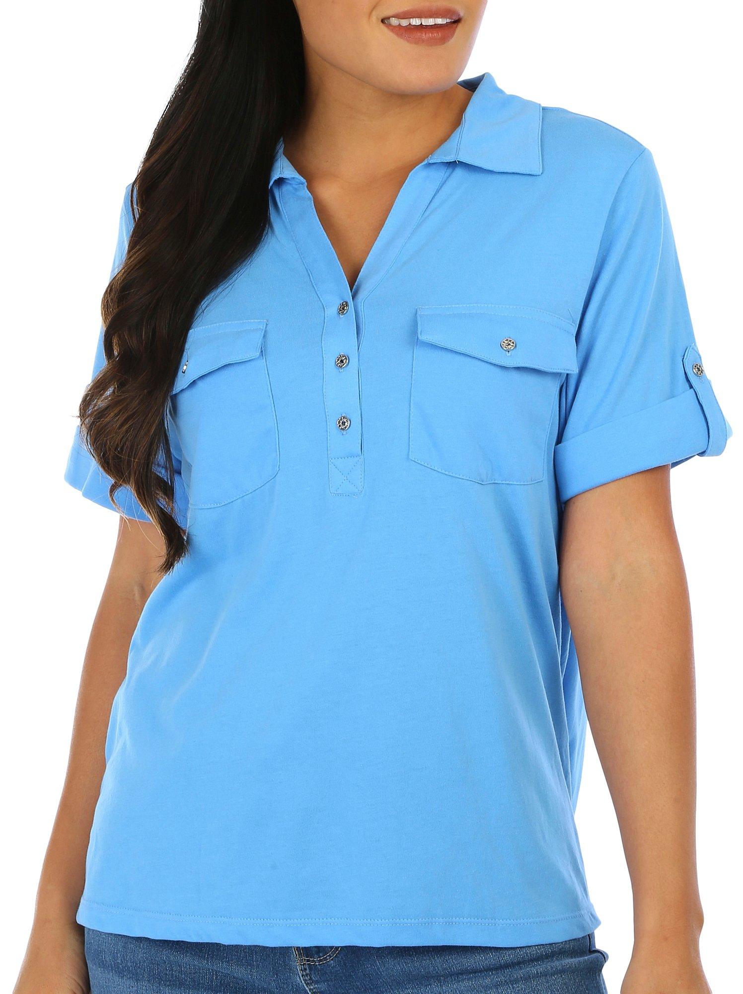 Coral Bay Petite Solid Two-Pocket Short Sleeve Polo