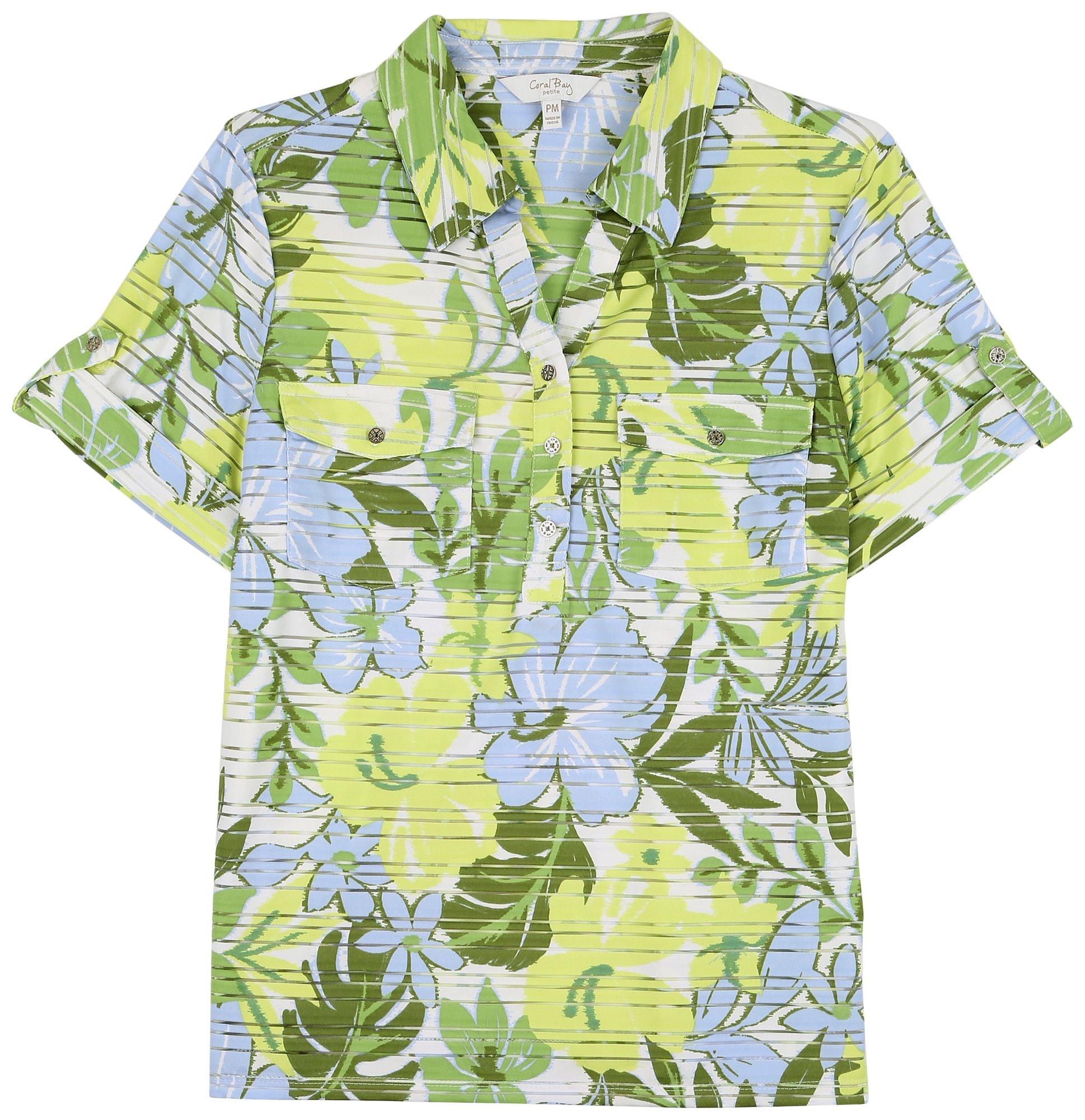 Petite Floral Burnout Pocket Short Sleeve Polo