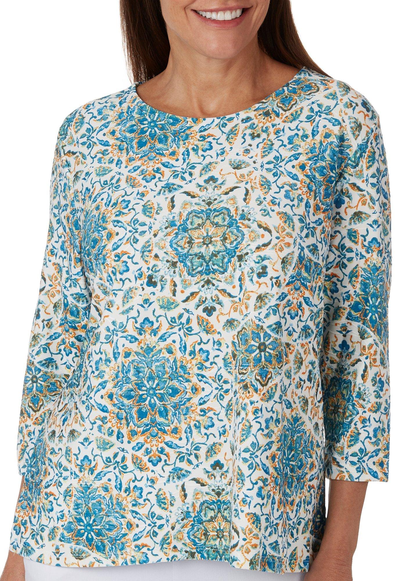Emily Daniels Petite Textured Floral Print 3/4 Sleeve Top