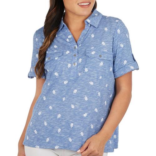 Coral Bay Petite Heathered Flower Short Sleeve Polo