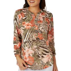 Petite Tropical V Neck Henley 3/4 Ruched Sleeve Top
