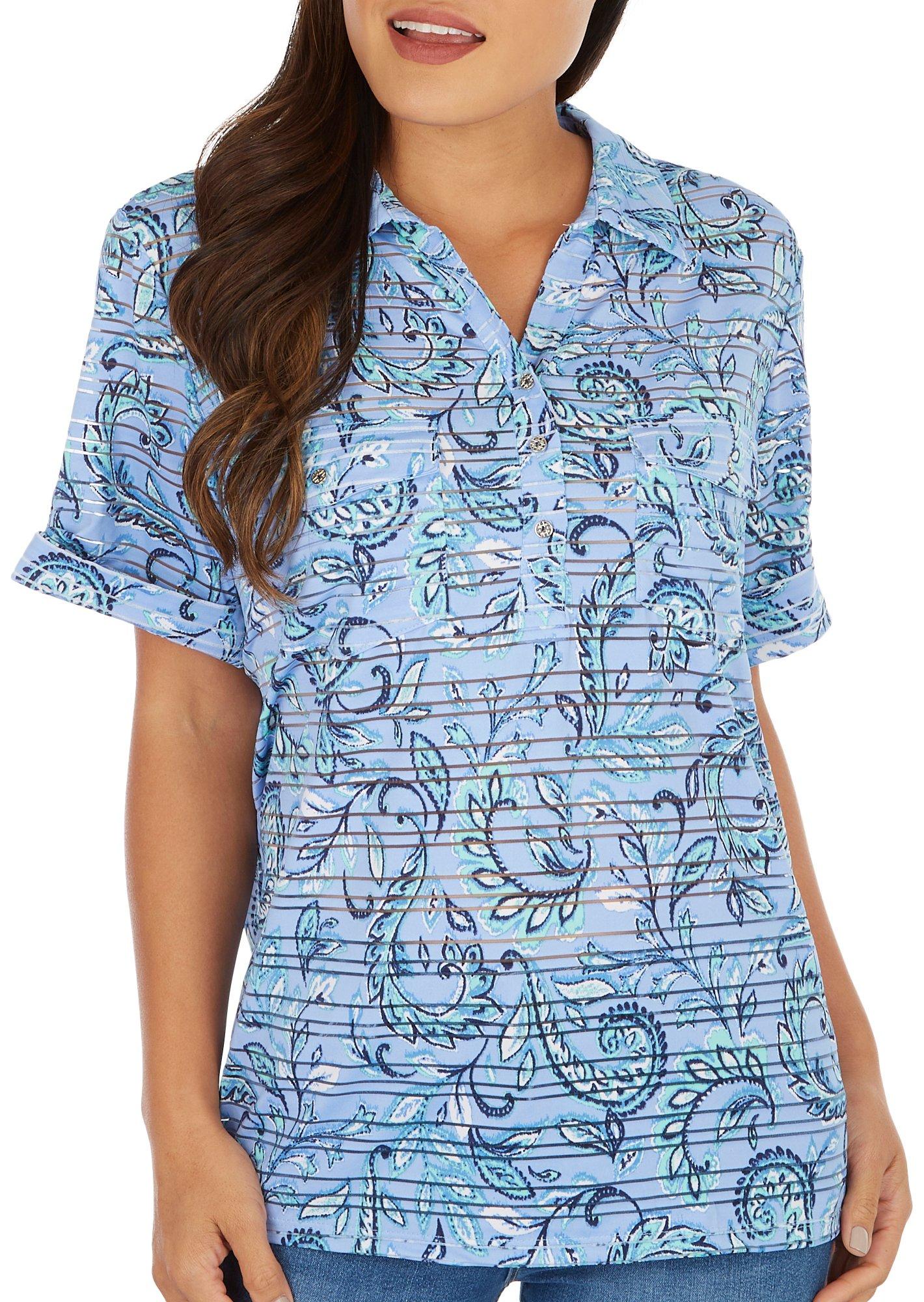 Petite Floral Button Placket Short Sleeve Top