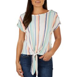 Cure Apparel Petite Rib Striped Tie Front Short Sleeve Top