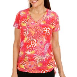 Petite Hawaii Hibiscus V Neck Side Cinched Short Sleeve Top