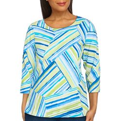 Alfred Dunner Petite Patchwork Stripe Crew 3/4 Sleeve Top