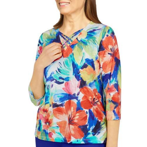 Alfred Dunner Petite Floral Strappy V-Neck 3/4 Sleeve
