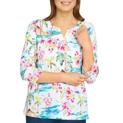 Alfred Dunner Petite Flamingo Notch 3/4 Sleeve Top
