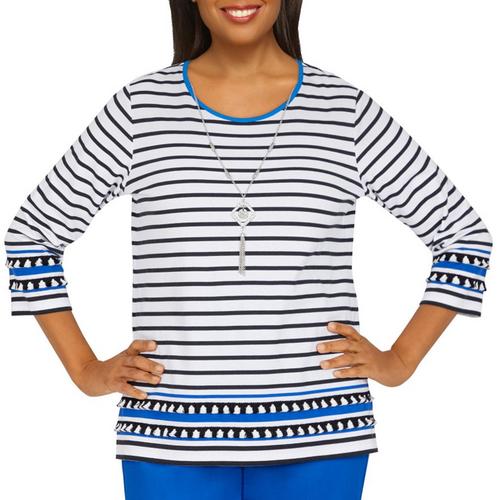 Alfred Dunner Petite Striped Fringed 3/4 Sleeve Top