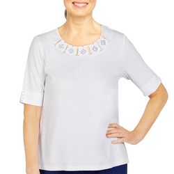 Alfred Dunner Petite Solid Cutout Short Sleeve Top