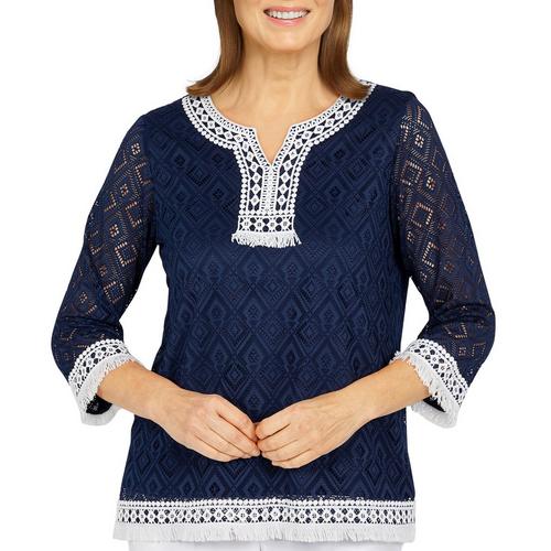 Alfred Dunner Petite Lace Texture 3/4 Sleeve Top