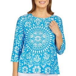 Alfred Dunner Petite Monotone Medallion 3/4 Sleeve Top