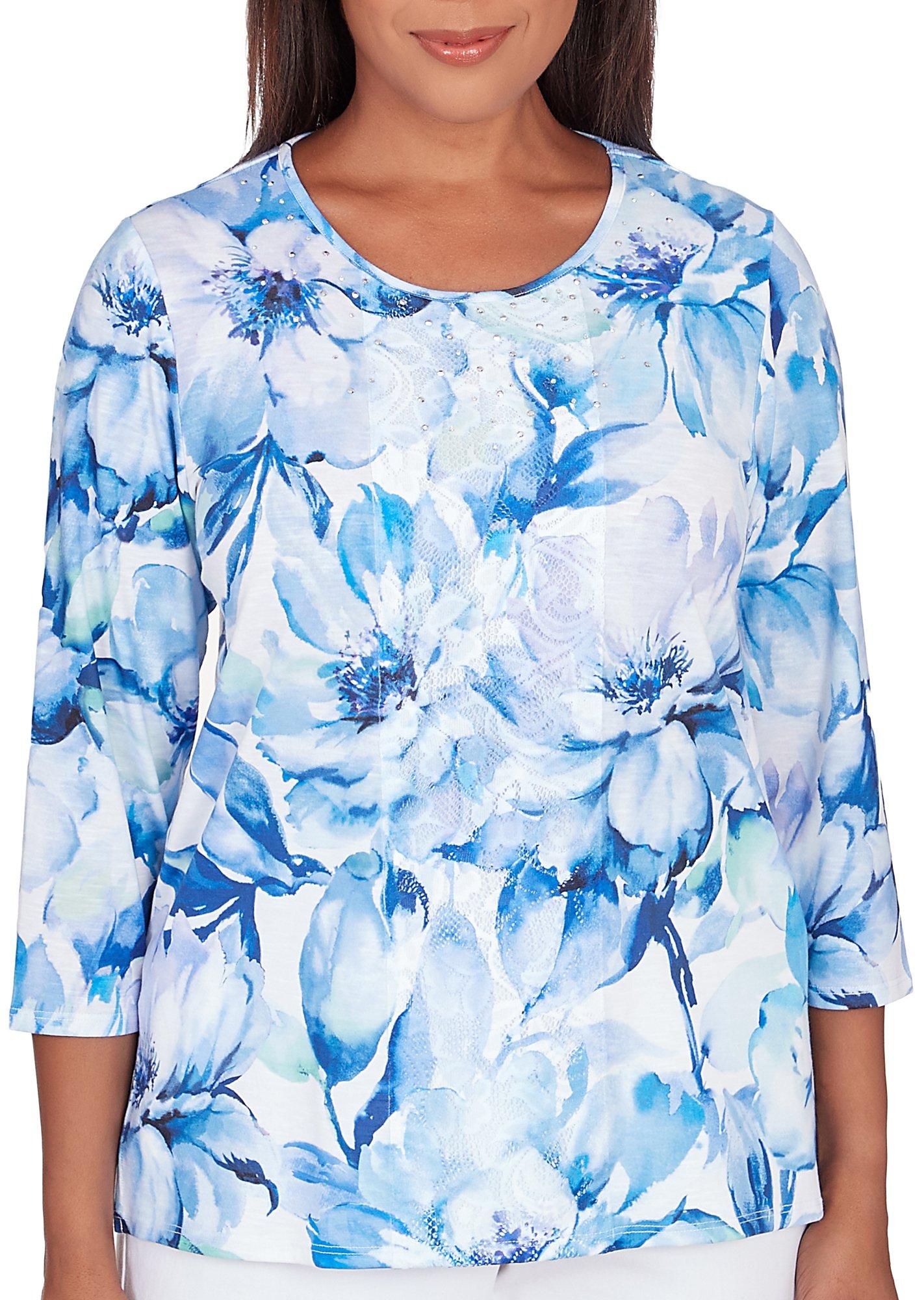 Alfred Dunner Petite Floral Print Round Neck 3/4 Sleeve Top