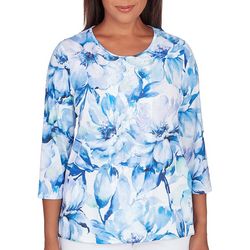 Alfred Dunner Petite Floral Print Round Neck 3/4 Sleeve Top