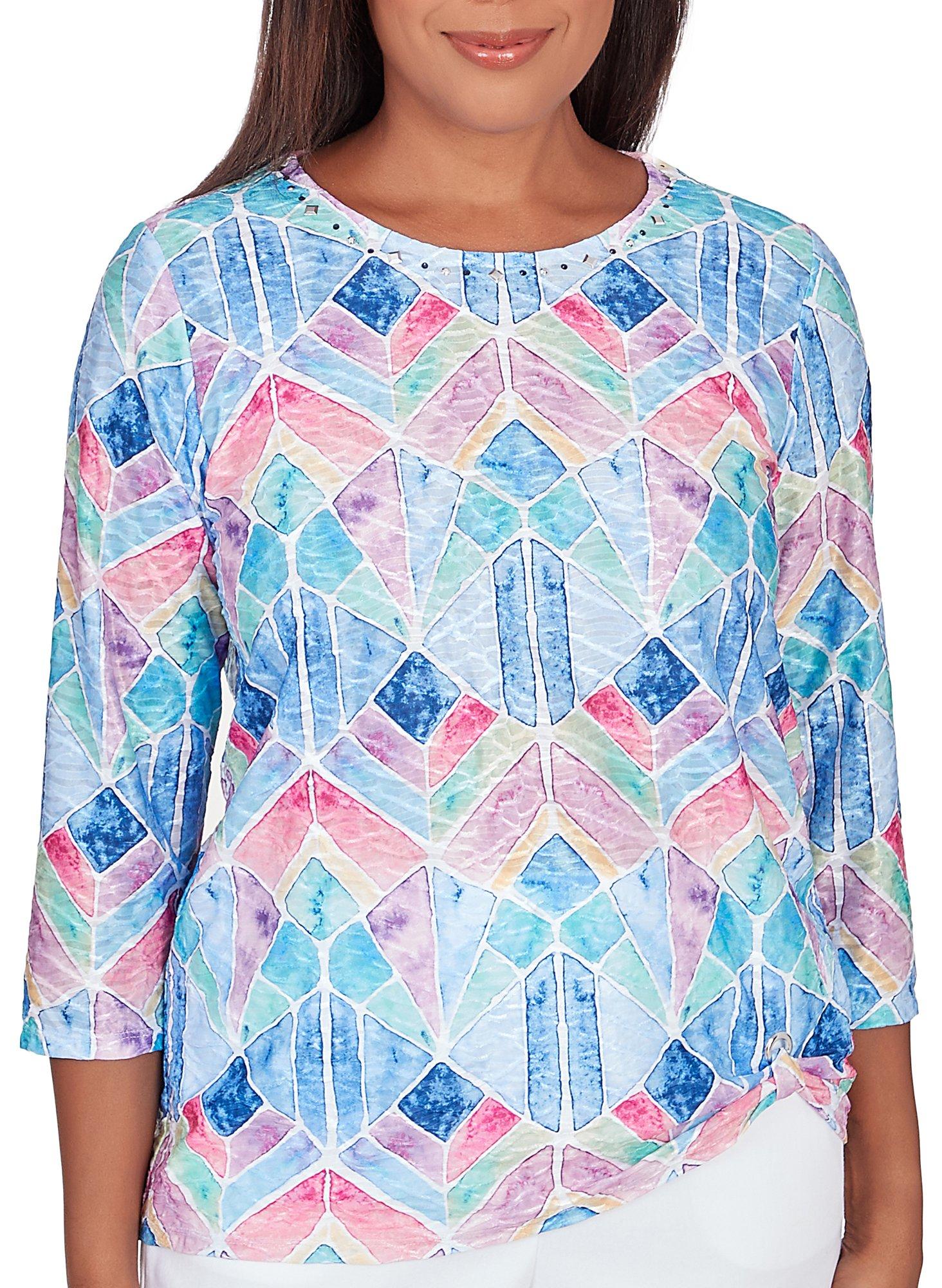 Alfred Dunner Petite Geo Print Round Neck 3/4 Sleeve Top
