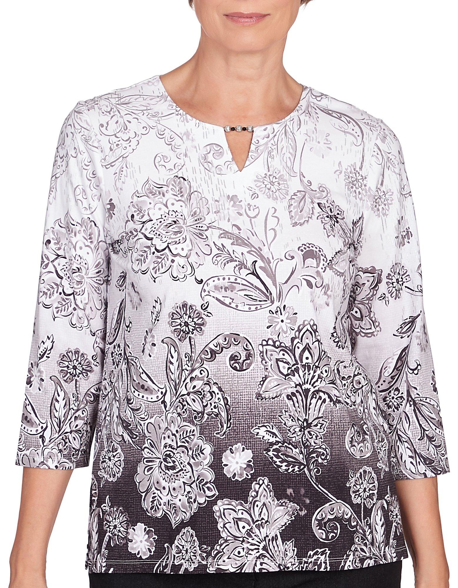 Alfred Dunner Petite Ombre Scroll Floral Split Neck Top