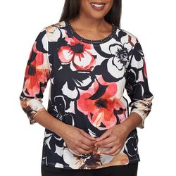 Alfred Dunner Petite Floral Round Neck 3/4 Sleeve Top