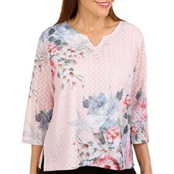 Alfred Dunner Petite Jeweled Floral Woven 3/4 Sleeve Top