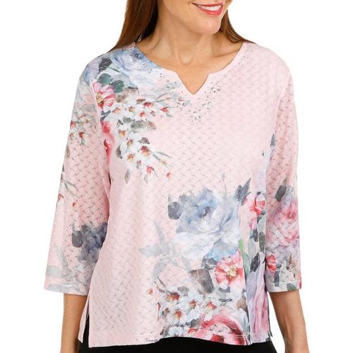 Alfred Dunner Petite Jeweled Floral Woven 3/4 Sleeve