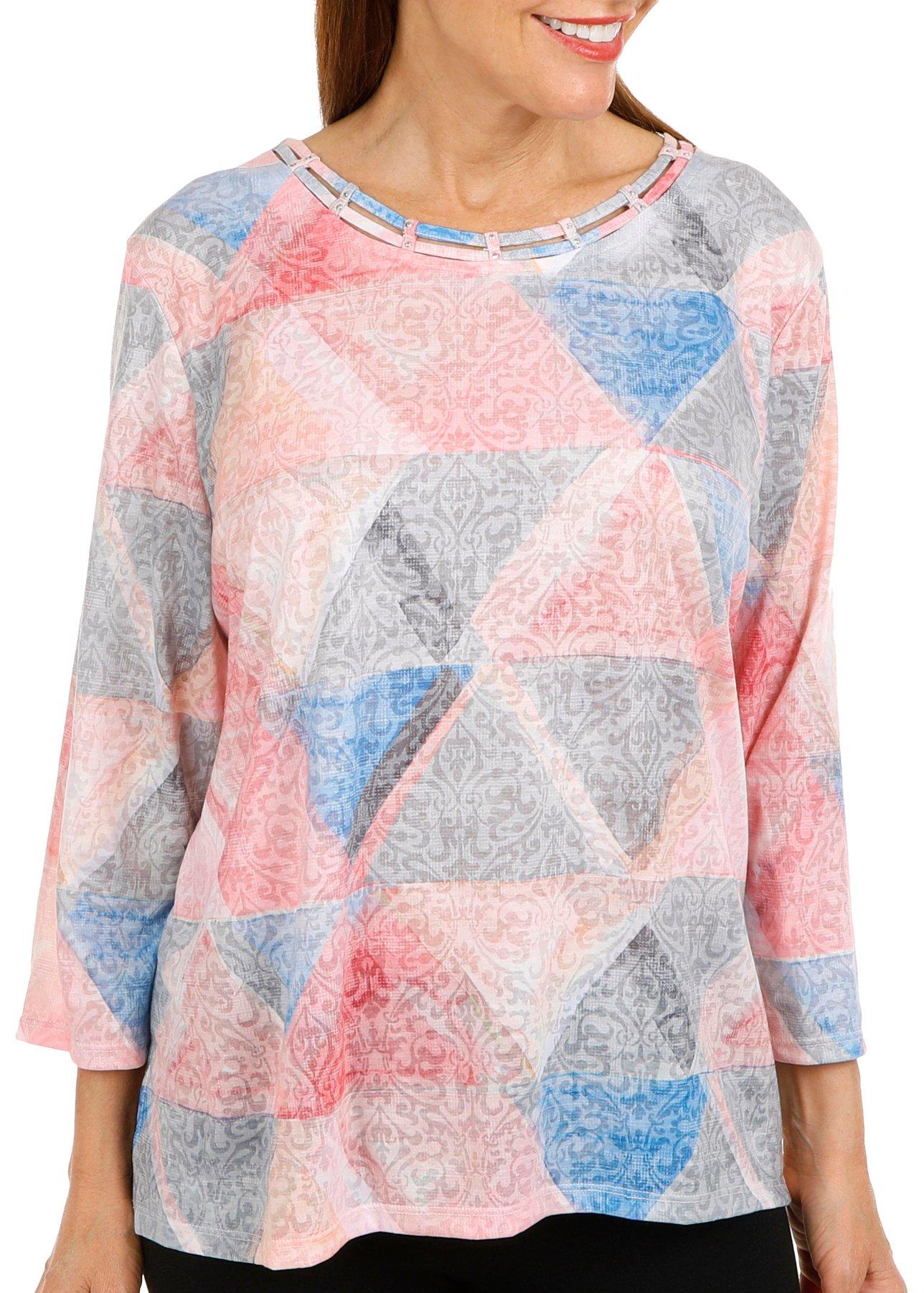 Petite Triangle Printed Embellished 3/4 Sleeve Top